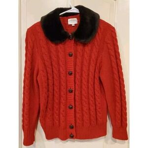 Susan Bristol 100% Wool Shetland Leather Buttons Sweater Faux Fur Collar M Xmas